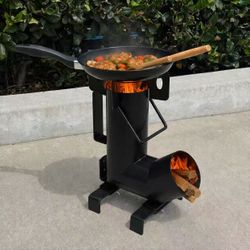 New In Box Wood Fire Burning Steel Rocket Stove For Camping Fishing Picnic With Cooking Pan And Flippers 