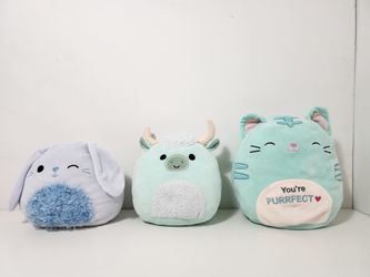 Squishmallow Jules Aqua Teal Cat Kitten, Iver the Highland Cow and Bunny Stuffed Plush Toys