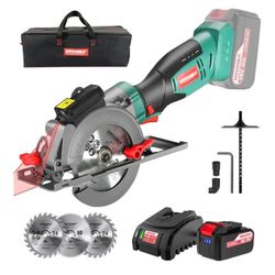 HYCHIKA Cordless Circular Saw, 18V Mini Circular Saw with 4.0Ah Battery, 3 Blades(4-1/2",4-9/10"), 3500RPM Max Cuting Depth:90°(48mm)/45°(32mm), Compa