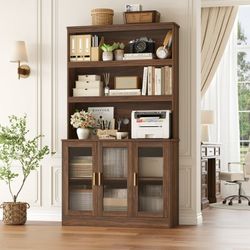 73" Tall Bookcase with Door, 5-tier Bookshelf with Counter Top, Printer Stand for Home Office Living Room, Dark Oak