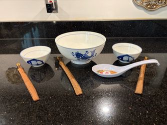 Chinese Rice Bowls 8” & 4.5” Hand-painted Blue Koi Fish, Soup Spoon & Chopsticks