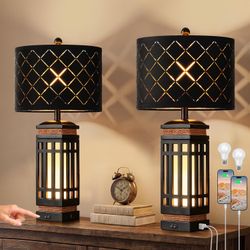 Modern Farmhouse Table Lamp Set of 2 - Nightlight - USB