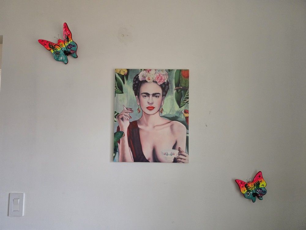 Frida Kahlo Canvas Wall Art With Ceramic Hand Painted Butterflies