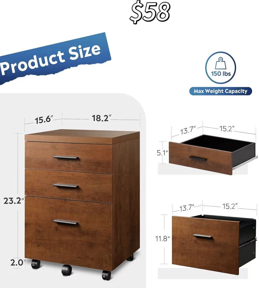 😀 DEVAISE 3 Drawer File Cabinet for Office, Wood Under Desk Filing Cabinet, Rolling Printer Stand with Wheels, Walnut