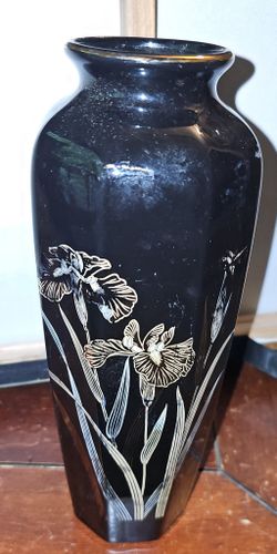 Vintage Black Glass Vase with Gold Iris Decoration