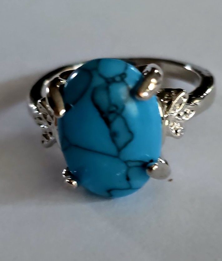 NATURAL TURQUOISE POLISHED PRONG SET TITANIUM FOREVER  SILVER NEW SIZE 5 RING 