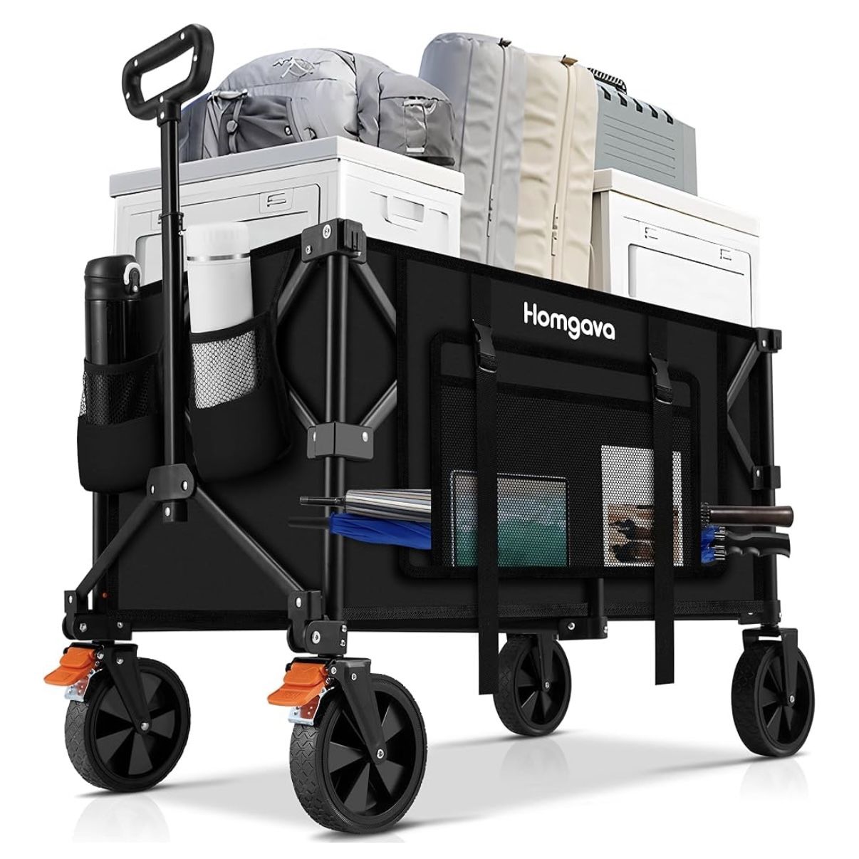 140L Collapsible Folding Wagon Cart with 350LBS Resting Weight Capacity, Heavy Duty Garden Cart with All-Terrain&Brake Wheel, Utility Wagon with Side