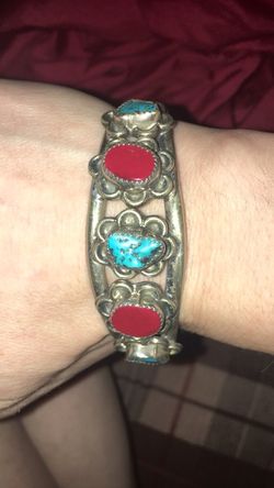 Sterling silver bracelet cuff with engine coral and turquoise nuggets
