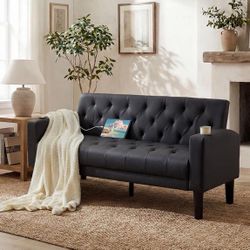 62" Loveseat Sofa, Tufted Couch with USB Ports and Cupholders for Living Room, Office and Bedroom, Black