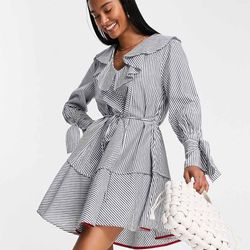 Brand new woman’s French Connection brand White and blue striped Acantha Ruffle Mini dress   Up for Sale 