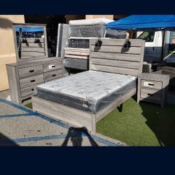 Brand New 5 Pcs 
Queen Bedroom Set 
Light Grey Rustic 
Includes Bed, 1 Night Stand, Dresser, Mirror & Orthopedic Bamboo Matt
Bed w/ 2 Lamps 
Queen: $7