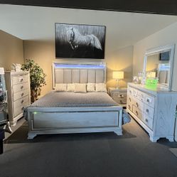 Grey King Bed, Dresser, Mirror And One Nightstand