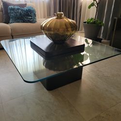 Modern coffee table with floating glass on butcher block
