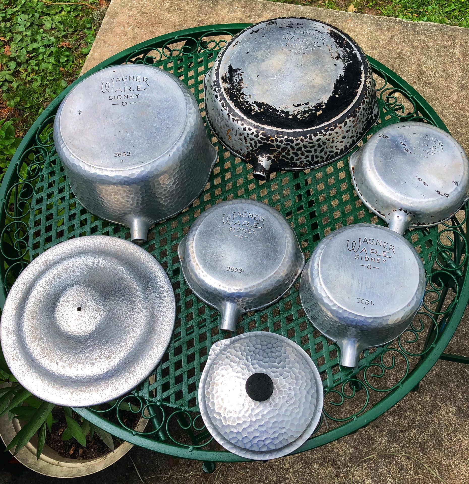(7) Pieces Of Vintage Wagner Ware Sydney O Hand Hammered Aluminum Cookware