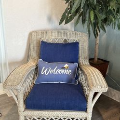 Large Wicker/Rattan, Vintage Lounge Chair, Distressed White w/ Flowery Cushions