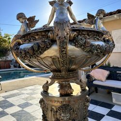 Monumental Bronze Sculpture Carved Cherub Garland Vase Planter With Pedestal