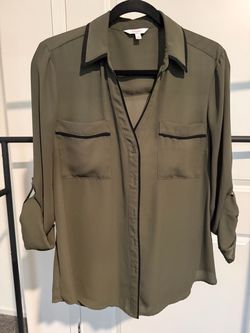 Olive Green Button-Down Blouse with Black Trim