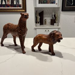 2 Leather Statues $100. LEOPARD CHEETAH & LION. Safari, Jungle, Tommy Bahama, Polo Ralph Lauren