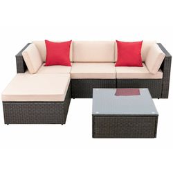 6 Pieces Patio Furniture Sets, All Weather PE Wicker Outdoor Conversation Set with Glass Table ，$399