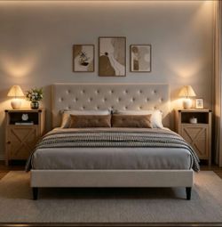 Set of 3 Full Bed Frame Fabric and 2 nightstands. Cream