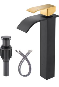Black and Gold Basin Faucet: ARCORA High Waterfall Faucet for Bathroom, Single Handle Basin Faucet with One Hole and Folding Drain with CUPC Supply Li