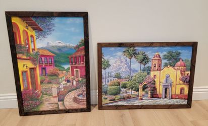 Framed Mexican Village Scene Art Prints – Set of 2