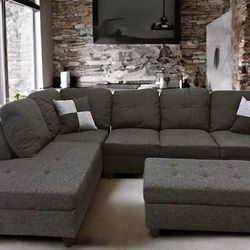 Charcoal Linen Sectional Couch And Ottoman 