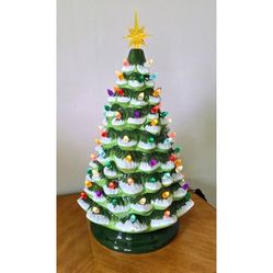 Pre-lit 18" Tabletop Green w/ Snow Ceramic Christmas Holiday Tree, New
