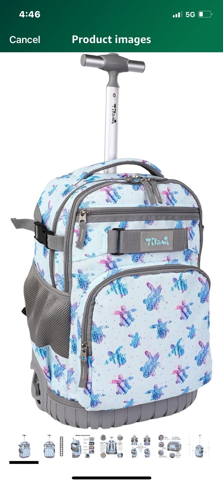 Tilami Rolling Backpack, 18 inch Shoulder Drop, Concealed Pockets and Wheel Cover, Laptop Backpack for Boys and Girls, Turtle Blue