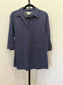 Coldwater Creek Navy Blue Eyelet Cotton Button-Up Shirt PM 10-12