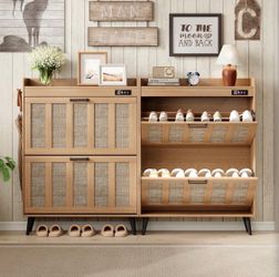 Modern wood rattan shoe cabinet entryway storage