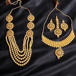 Beautiful Indian Gold Pearl Bridal Jewelry Set – Necklace + Earrings