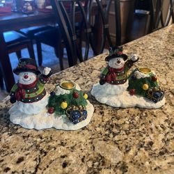 2 Hand-painted Decorative Collectible Ceramic Snowman Candle Holders