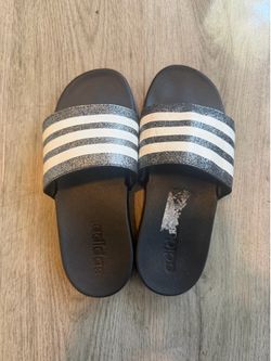 Adidas Adilette Comfort Kids Slides Black Silver Glitter Sparkle Size 3
