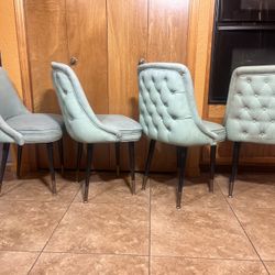 Set Of Vintage MCM Tufted Upholstered Teal Bucket Seat Club Dining Chairs 
