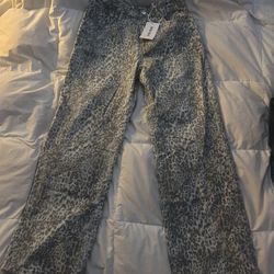 White/Grey Leopard Print Women Baggy Jeans 