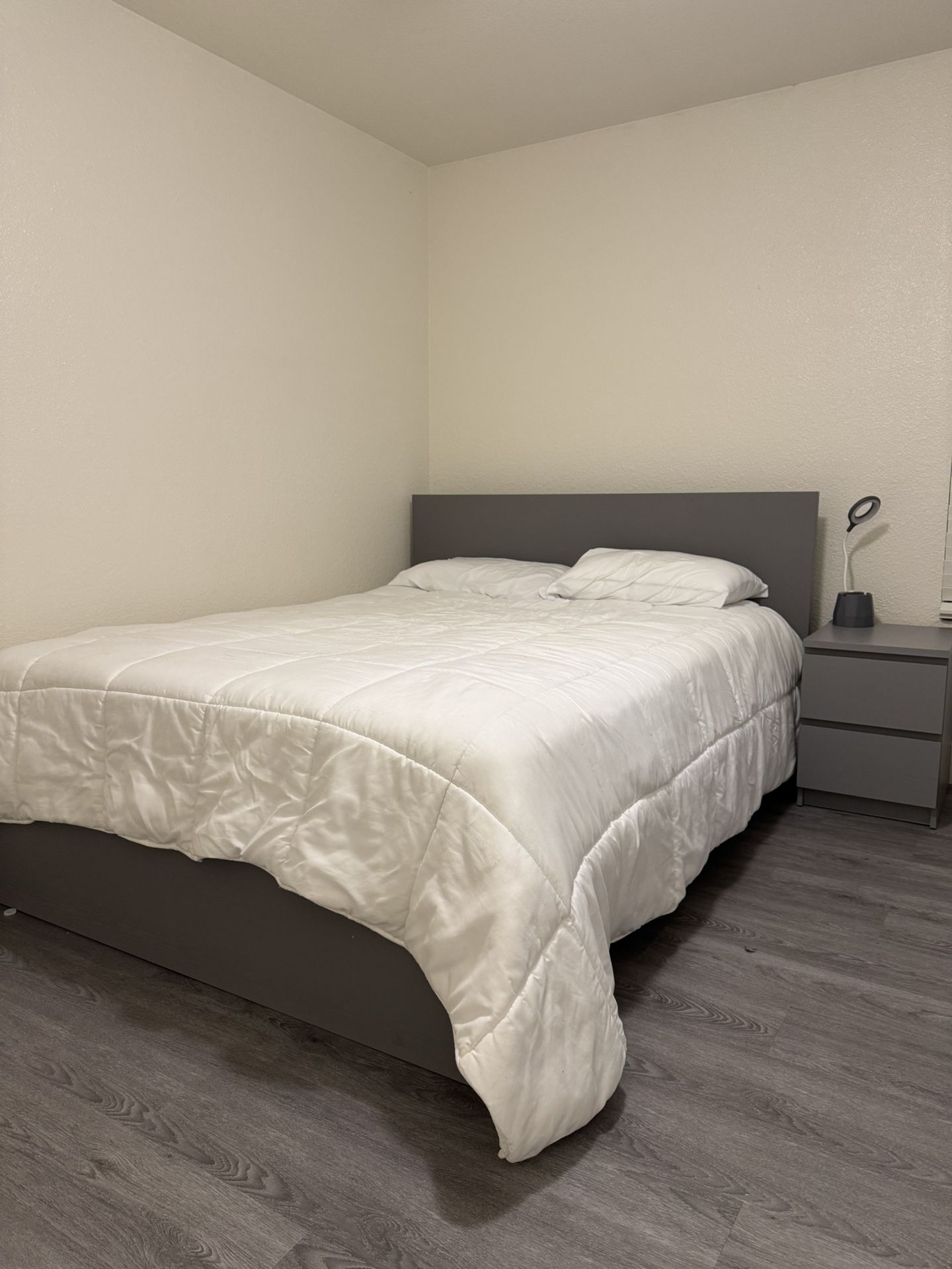 Queen Bed Frame (Gray) + Mattress + Nightstand