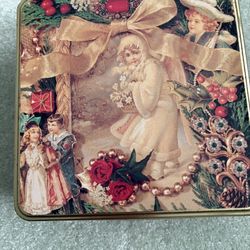 Vintage Victorian Cookie Tin With Angels Children And Holiday Motif 8“ X 8“ X 2.5“
