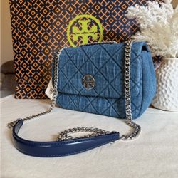NWT Tory Burch willa denim jeans shoulder bag  with silver Chain crossbody