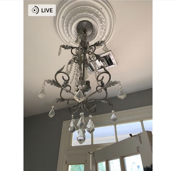 Classic Pewter Crystal Chandelier And Ceiling Medallion For Sale