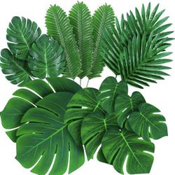 Leaves Artificial Tropical Monstera-84Pcs 6 Kinds Large Small Green Fake Palm Leaf with Stems for Safari Jungle Hawaiian Luau Party Table Decoration W