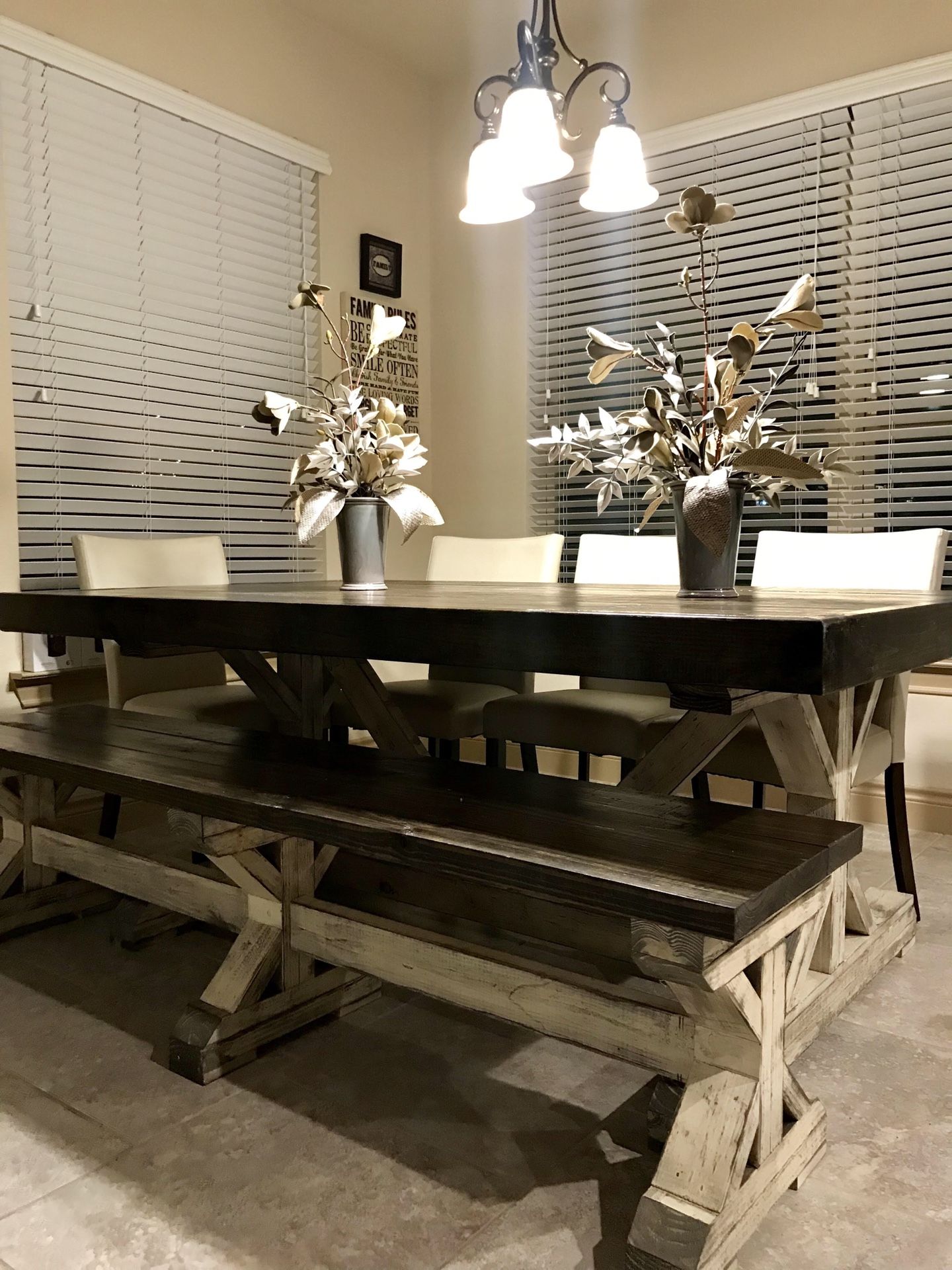 Custom Built FarmHouse Dining Table & Bench Breakfast. Comedor Mesa Modern Solid Wood Trestle Rustic Farm House *Not a furniture Store