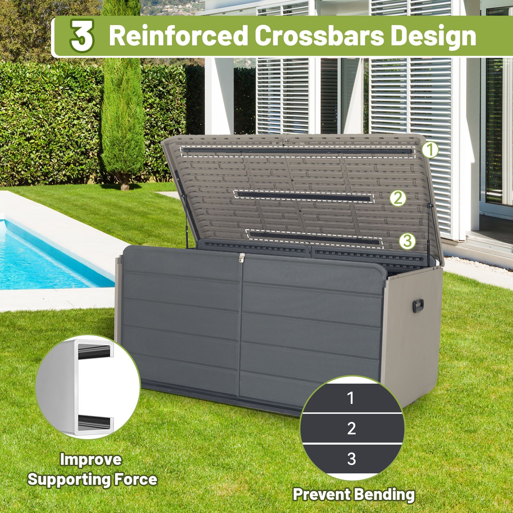 260 Gallon Plastic Deck Box, Large Patio Storage Box with Lock, Wheels & Waterproof Lid for Outdoor Cushions, Garden and Pool Supplies (Gray)