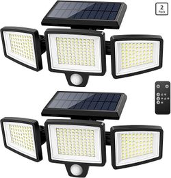 2 Pcs Solar Outdoor Lights 2500LM 210 LED Security Lights with Remote Control,3 Heads Motion Sensor Lights, IP65 Waterproof,270° Wide Angle Flood Wall
