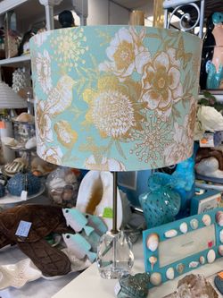 Glass table lamp with green and gold bird and floral toile print shade brass hardware 26”