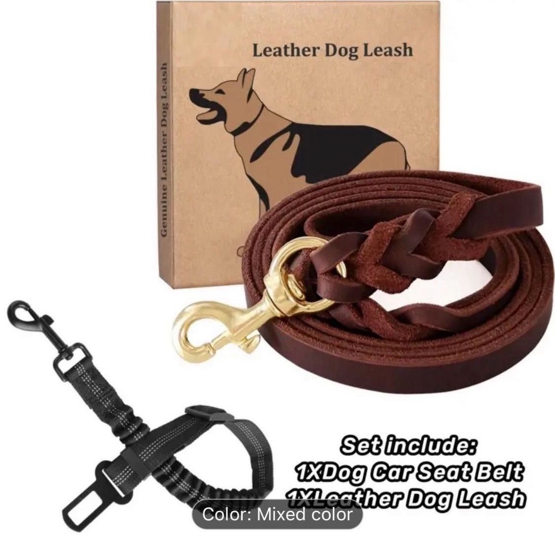 5ft Leather Dog Leash And Seat Belt .