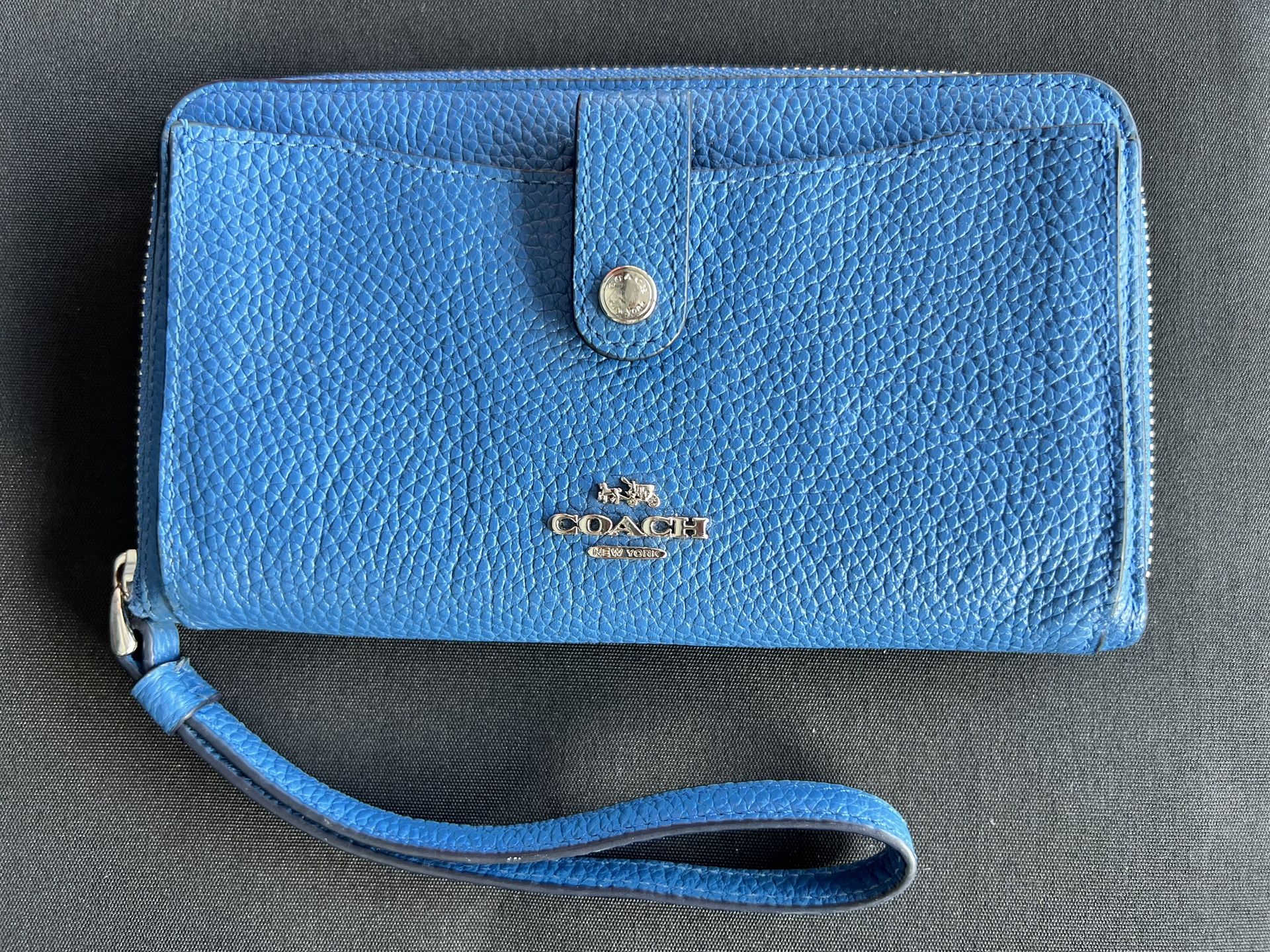 Coach Blue Pebbled Leather Wristlet Wallet with Zip Closure