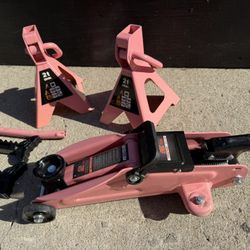 PINK Low Profile Hydraulic Trolley Service/Floor Jack Combo with 2 Ratchet Jack Stands, 2 Ton (4000 lbs)