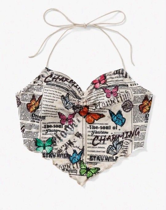Butterfly & Newspaper Print Bandana Halter Top LARGE (8/10)
