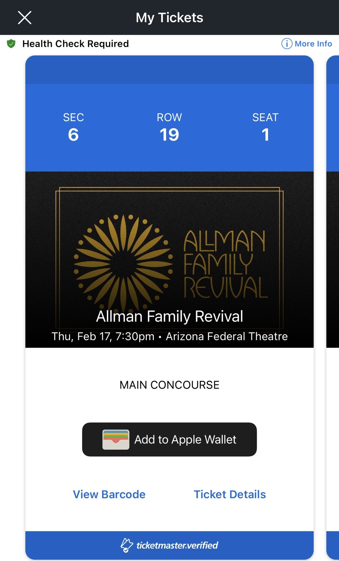 2 Tickets to Allman Family Revival Sec 6, Row 19, Seat 1&2 @ Arizona Federal Theatre on February 17th!